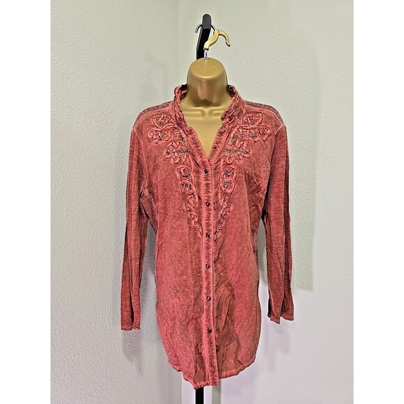 Reba Red Embroidered Beaded Western Shirt Womens Sz XL Pearl Snap Cowgirl Rodeo - Picture 1 of 9